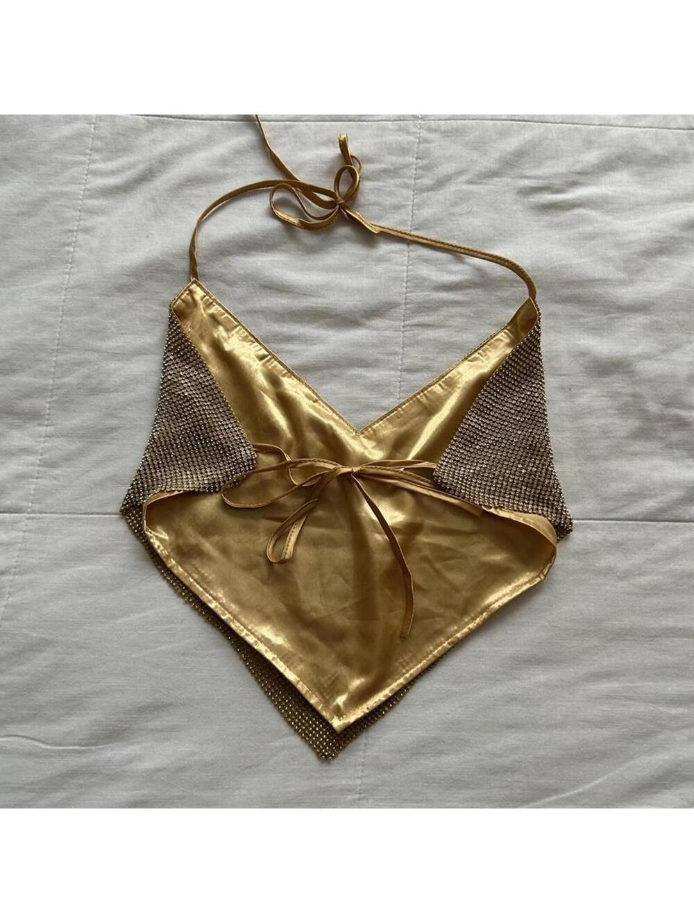 Gold mesh rhinestone halter top with tie neck and tie back - Picture 2 of 6